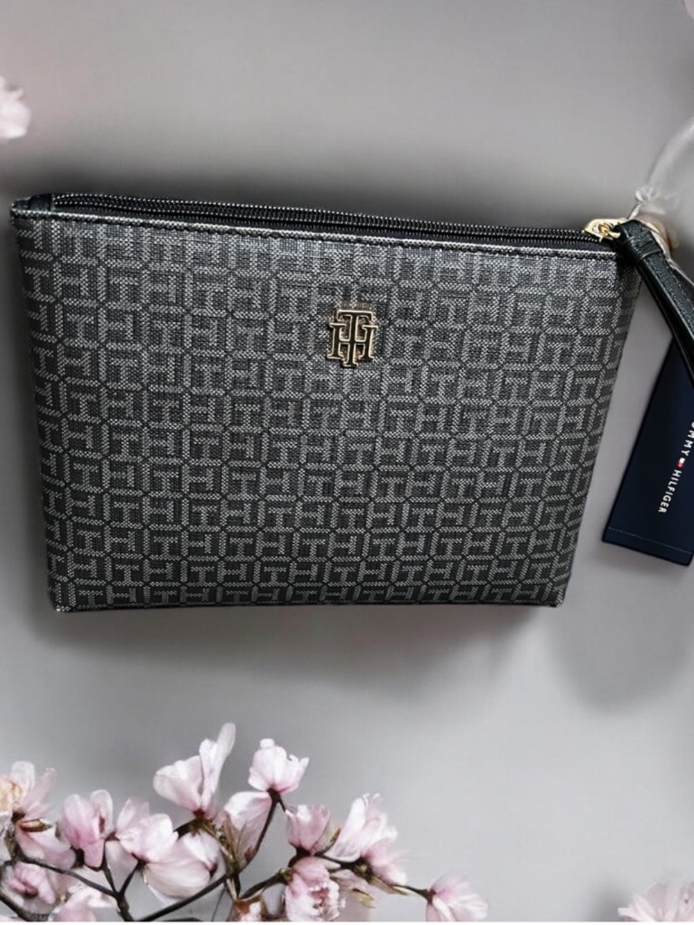 Tommy Hilfiger Black and Gold Monogram Wristlet Pouch